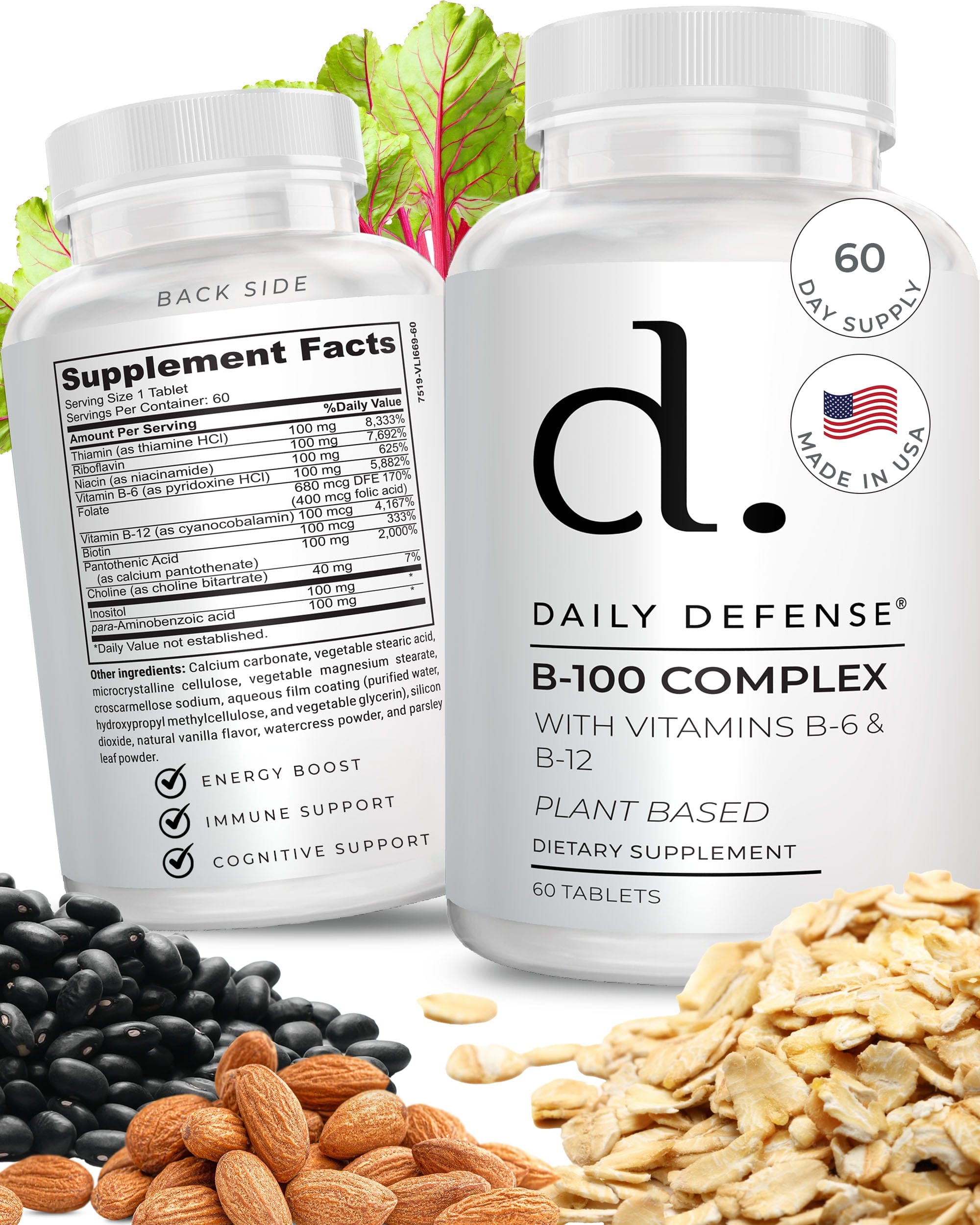 B Complex Vitamins for Men & Women - Daily Defense B-100 Complex with Vitamin B-6, Vitamin B-12, Thiamin, & More - Plant Based Energy Supplements for Immune & Cognitive Support - 60 Tablets
