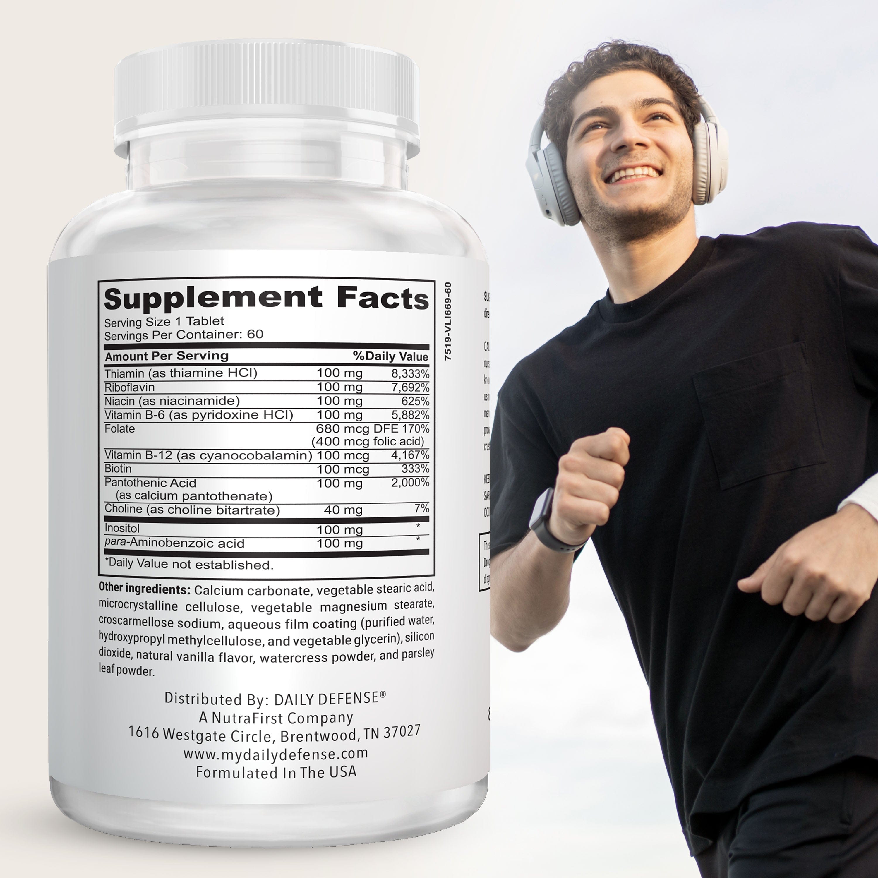 B Complex Vitamins for Men & Women - Daily Defense B-100 Complex with Vitamin B-6, Vitamin B-12, Thiamin, & More - Plant Based Energy Supplements for Immune & Cognitive Support - 60 Tablets
