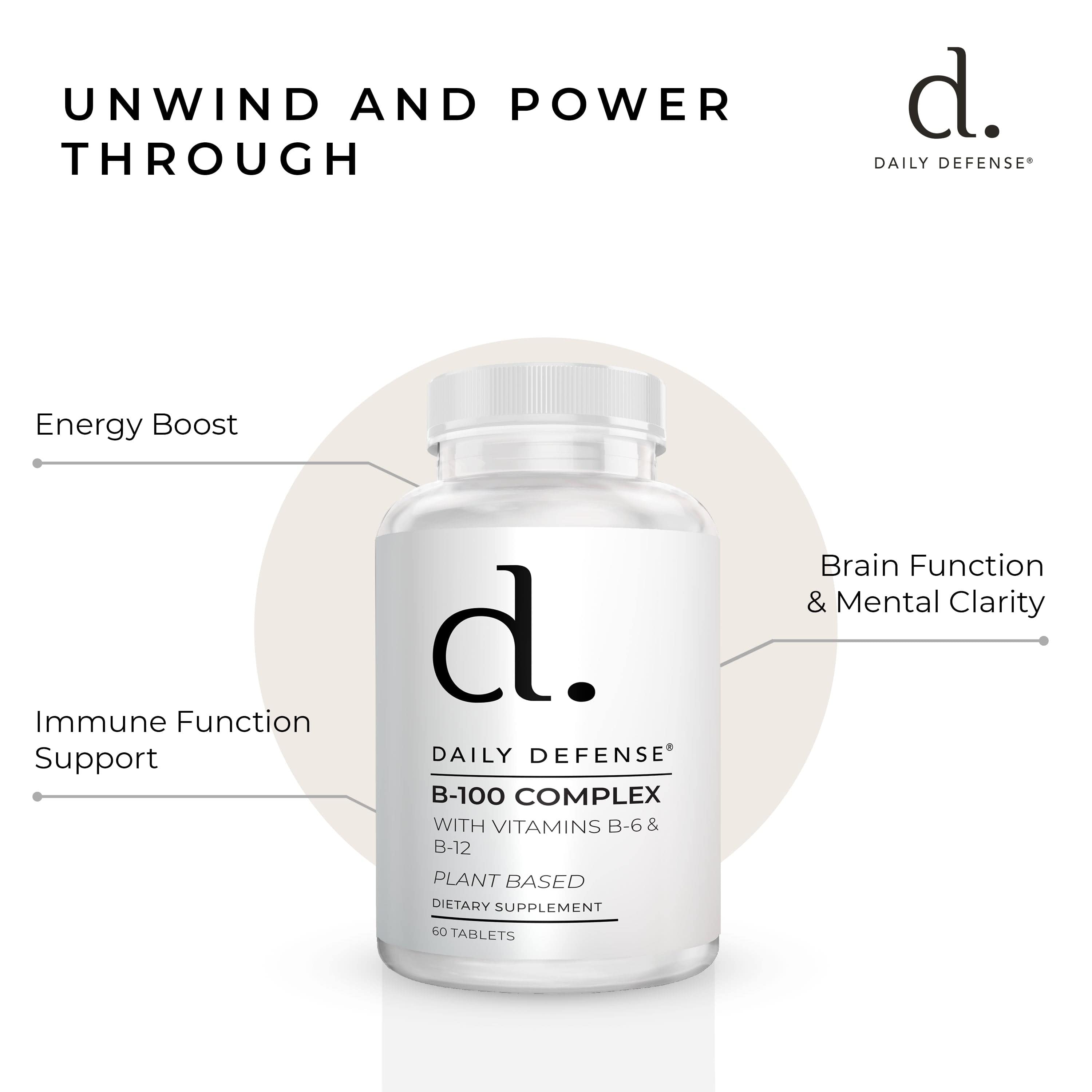 B Complex Vitamins for Men & Women - Daily Defense B-100 Complex with Vitamin B-6, Vitamin B-12, Thiamin, & More - Plant Based Energy Supplements for Immune & Cognitive Support - 60 Tablets
