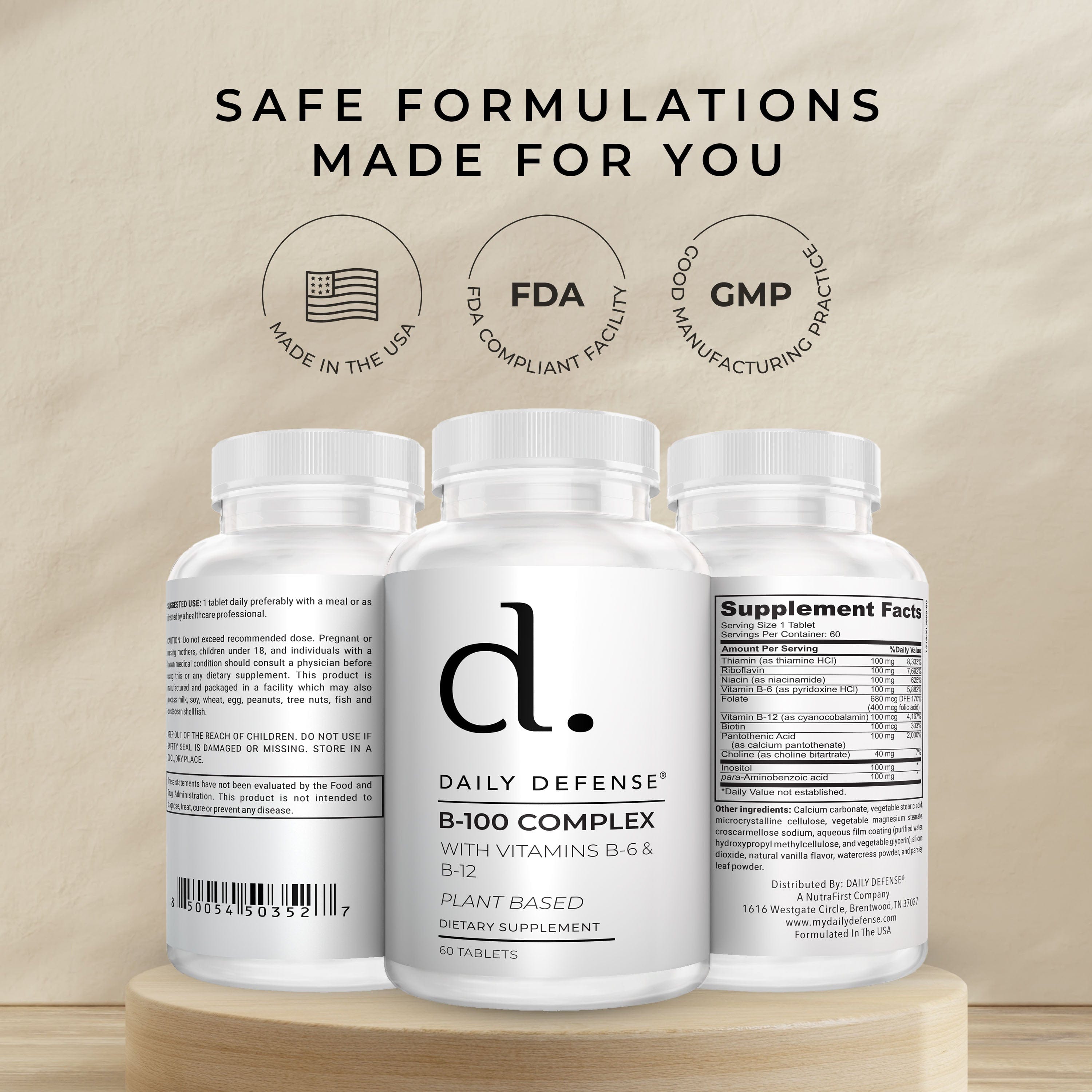 B Complex Vitamins for Men & Women - Daily Defense B-100 Complex with Vitamin B-6, Vitamin B-12, Thiamin, & More - Plant Based Energy Supplements for Immune & Cognitive Support - 60 Tablets