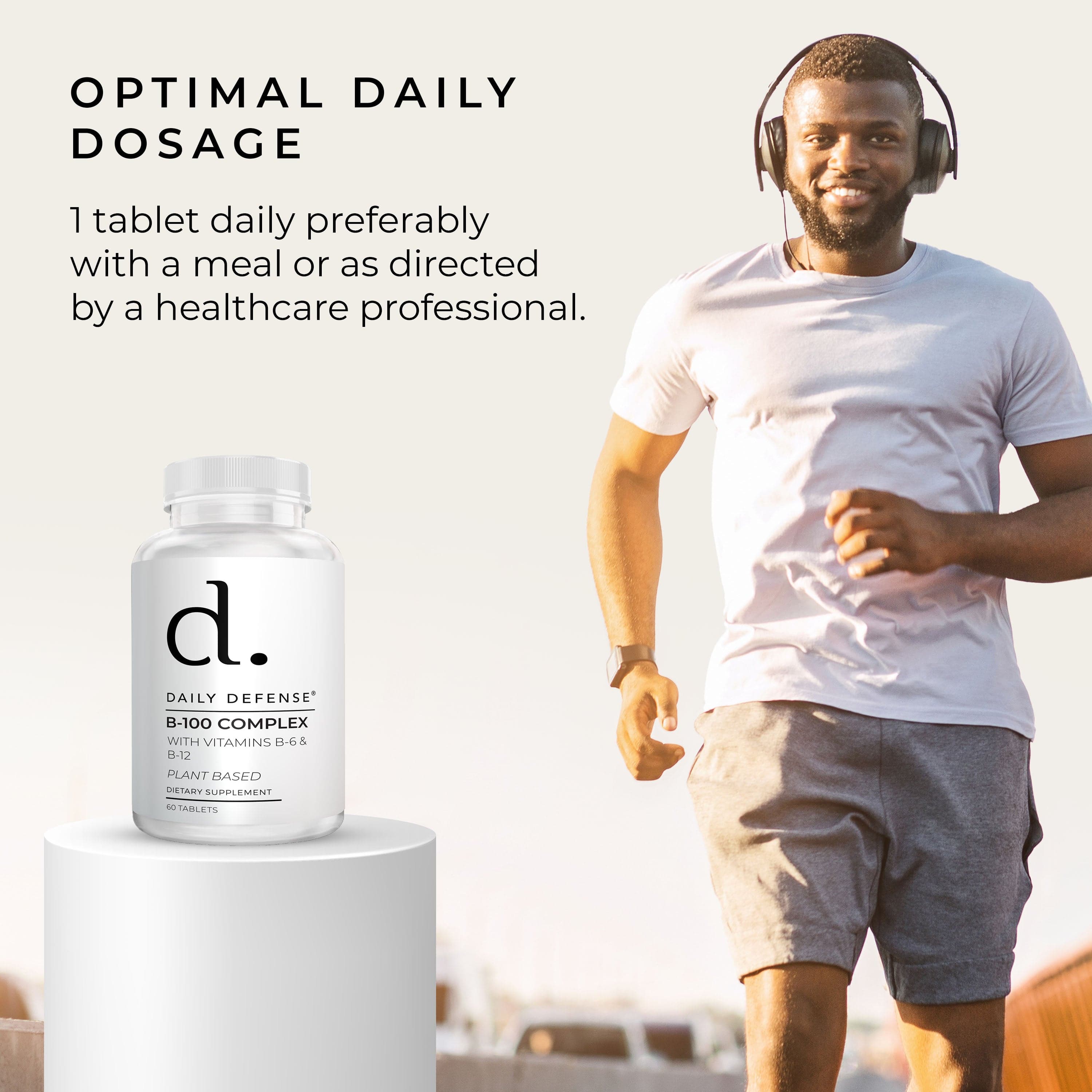 B Complex Vitamins for Men & Women - Daily Defense B-100 Complex with Vitamin B-6, Vitamin B-12, Thiamin, & More - Plant Based Energy Supplements for Immune & Cognitive Support - 60 Tablets