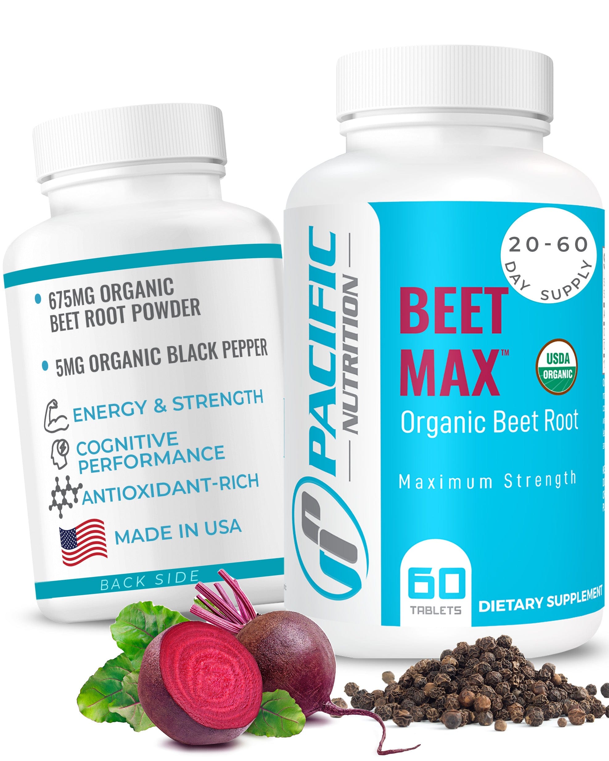 Beet Root Powder Supplement, 60 Tablets - 675mg Organic Beet Powder for Stamina & Energy Support, Brain Health Boost & Normal Blood Pressure Support - Made in the USA - Beet Max, Pacific Nutrition