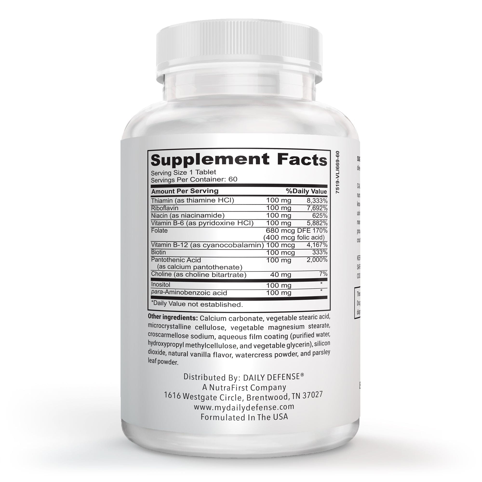 B Complex Vitamins for Men & Women - Daily Defense B-100 Complex with Vitamin B-6, Vitamin B-12, Thiamin, & More - Plant Based Energy Supplements for Immune & Cognitive Support - 60 Tablets