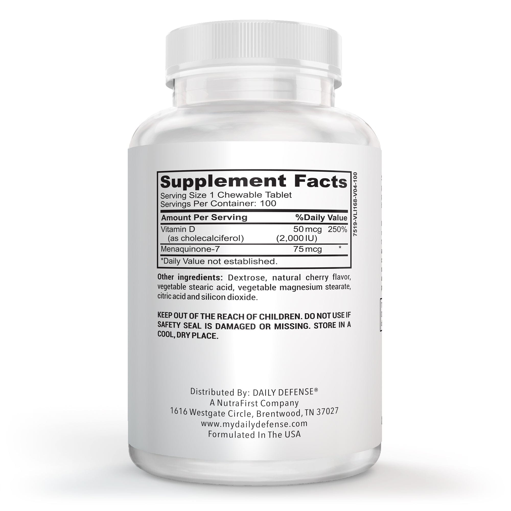 Vitamin D3 With K-2 Immune And Bone Health Support Chewable Tablets Cherry Flavor by Daily Defense