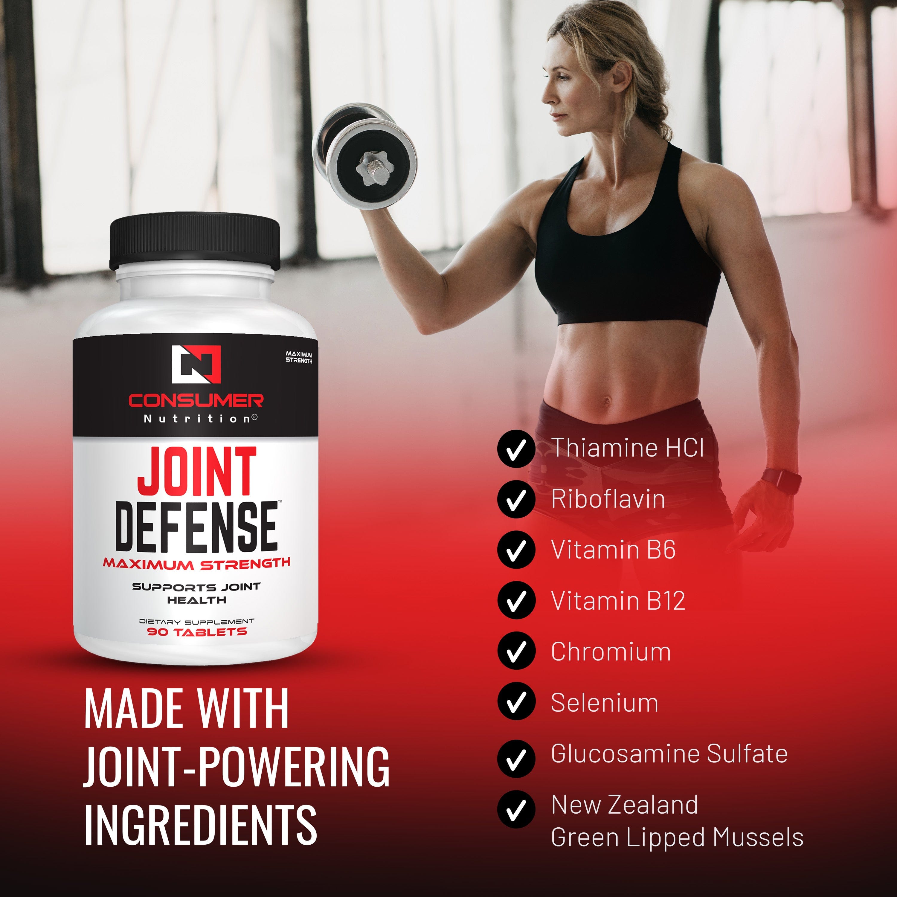 Joint Supplements for Men & Women - Joint Defense Joint Support Supplement with New Zealand Green Lipped Mussels, Glucosamine & Chondroitin Sulfate, Vitamin B6, Vitamin B12 for Mobility & Flexibility by Consumer Nutrition - 90 Tablets