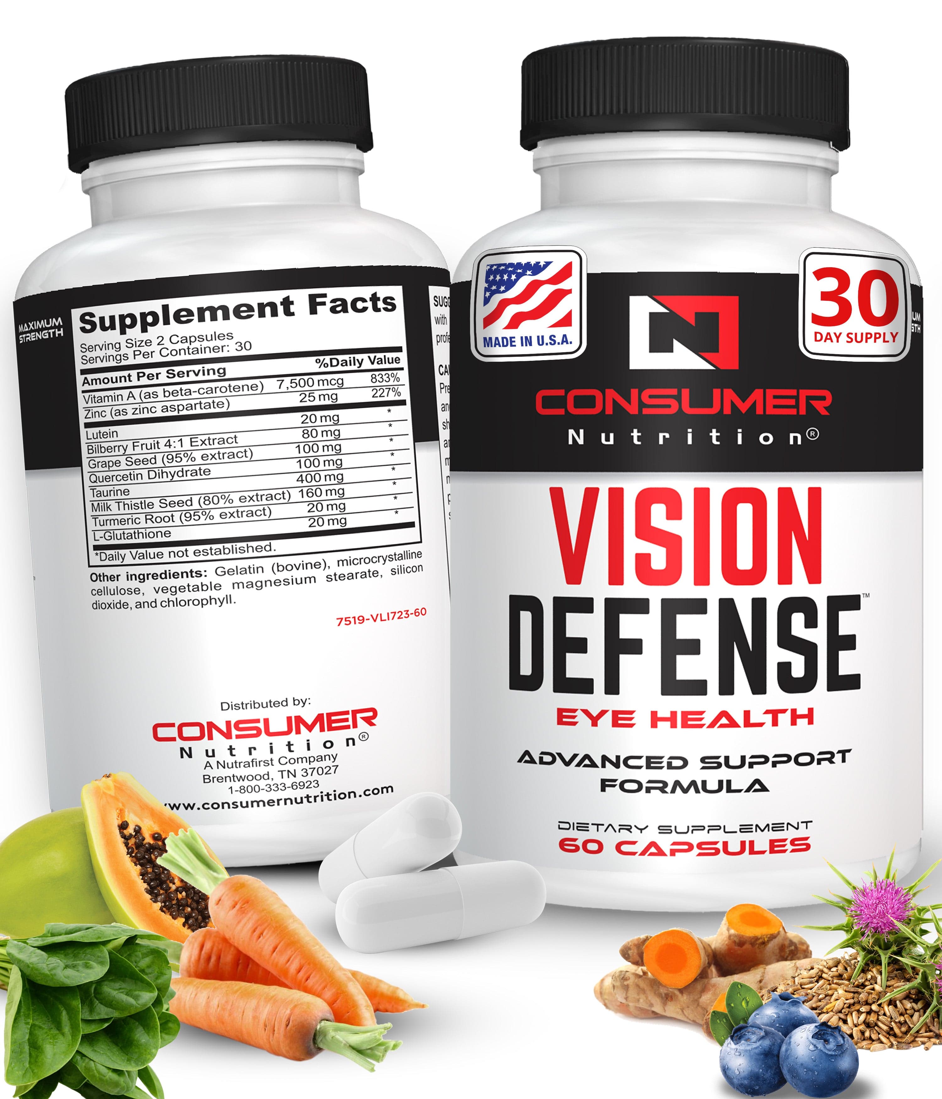 Vision Defense Eye Health Supplement for Adults Supports & Protects Eye Health with Vitamin A, Lutein, Taurine, Turmeric Root, Grape Seed Extract & Milk Thistle Seed