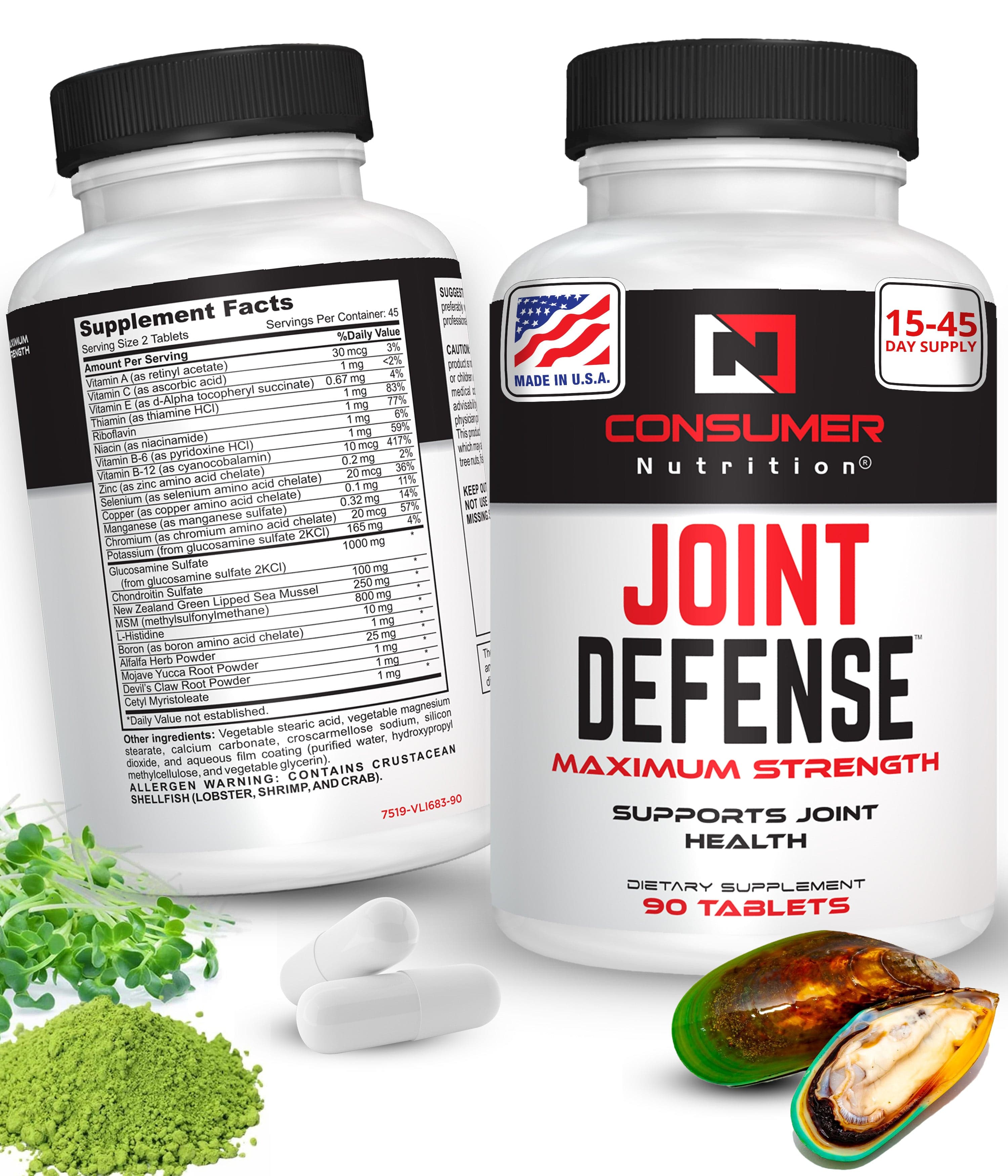 Joint Supplements for Men & Women - Joint Defense Joint Support Supplement with New Zealand Green Lipped Mussels, Glucosamine & Chondroitin Sulfate, Vitamin B6, Vitamin B12 for Mobility & Flexibility by Consumer Nutrition - 90 Tablets