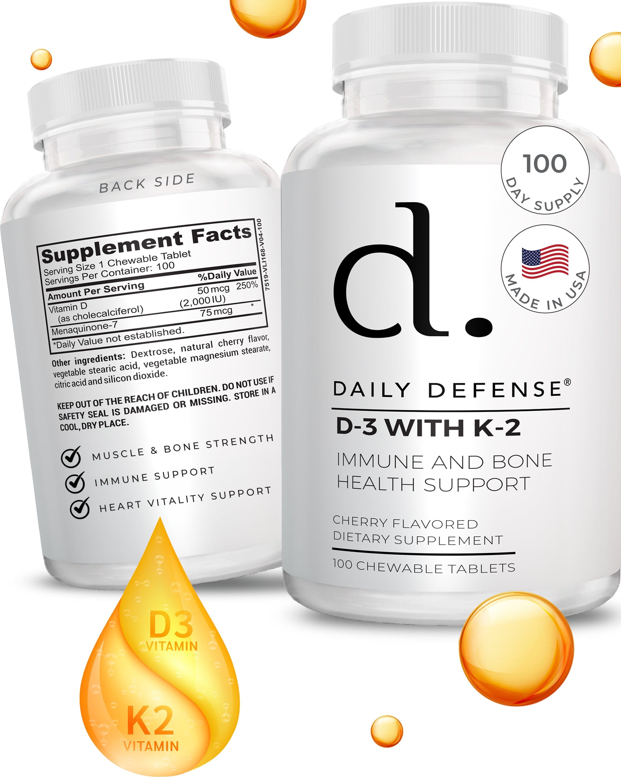 Vitamin D3 With K-2 Immune And Bone Health Support Chewable Tablets Cherry Flavor by Daily Defense