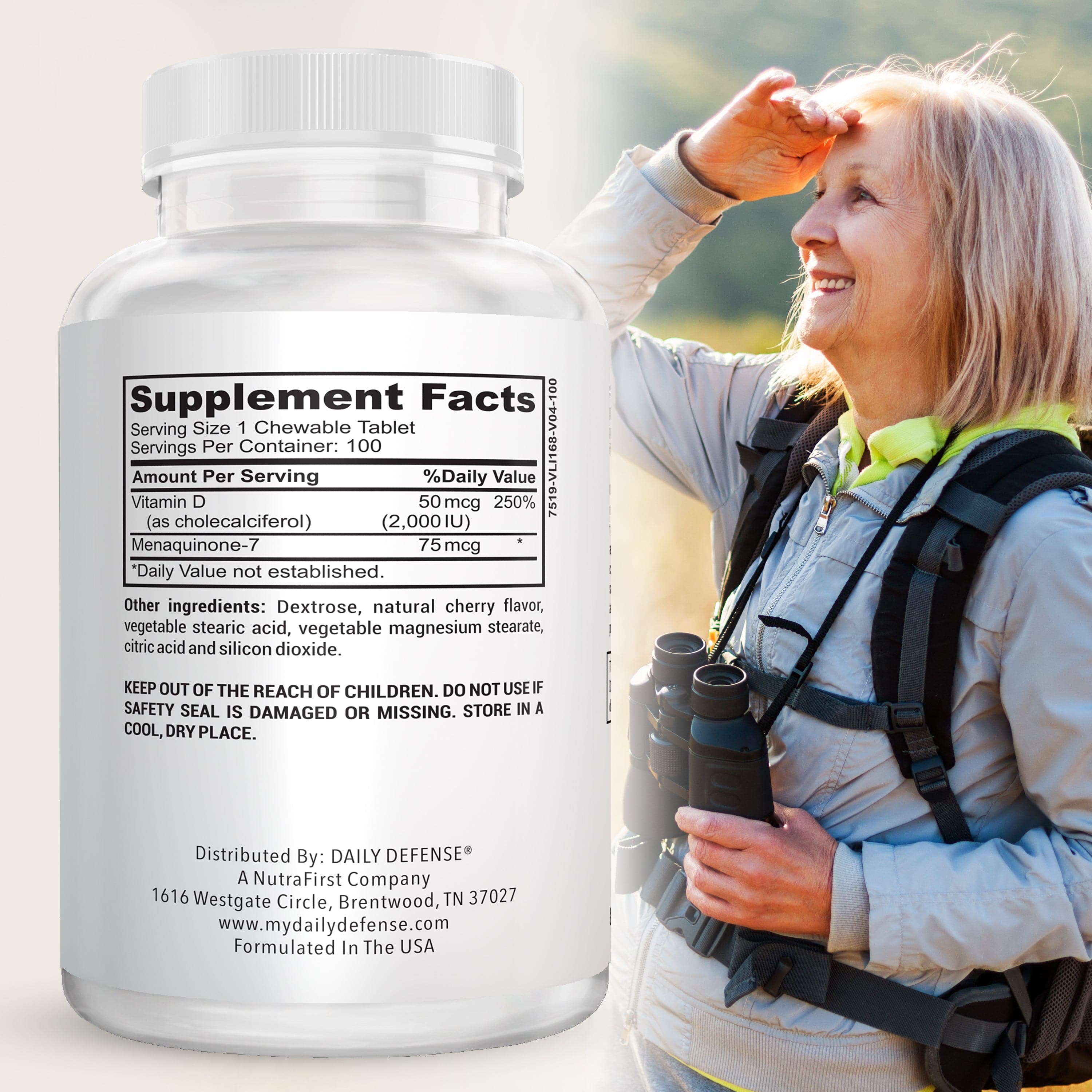 Vitamin D3 With K-2 Immune And Bone Health Support Chewable Tablets Cherry Flavor by Daily Defense