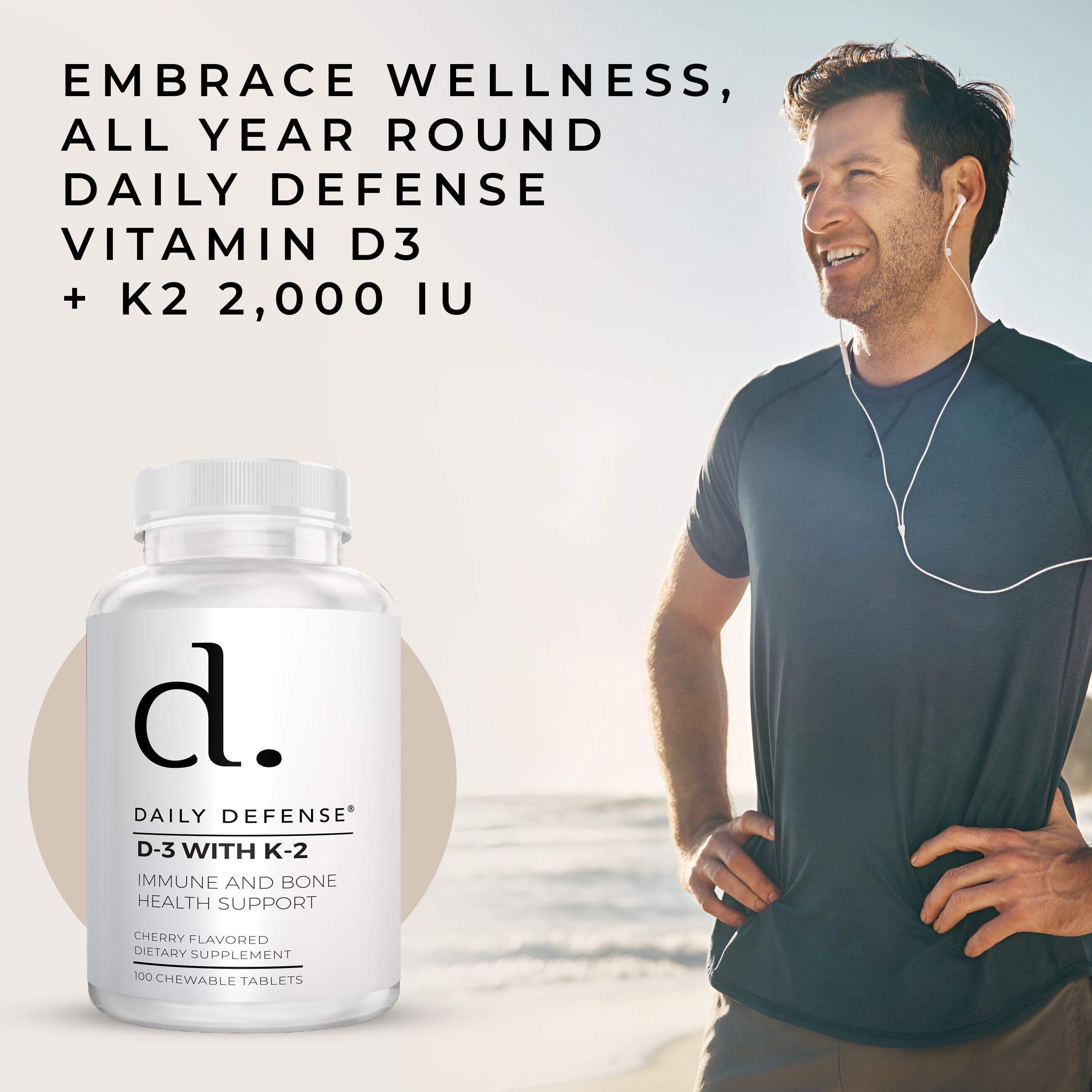 Vitamin D3 With K-2 Immune And Bone Health Support Chewable Tablets Cherry Flavor by Daily Defense