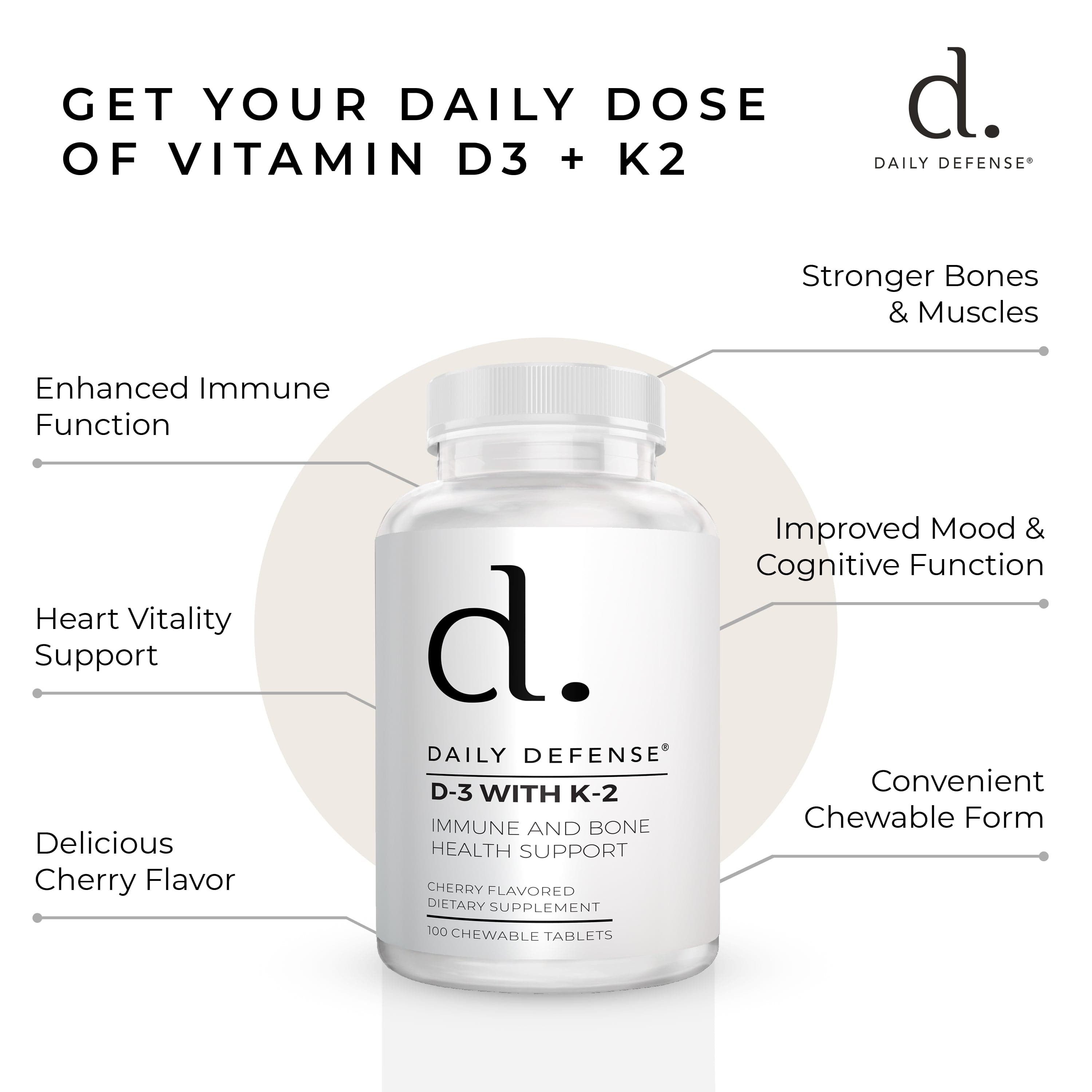 Vitamin D3 With K-2 Immune And Bone Health Support Chewable Tablets Cherry Flavor by Daily Defense
