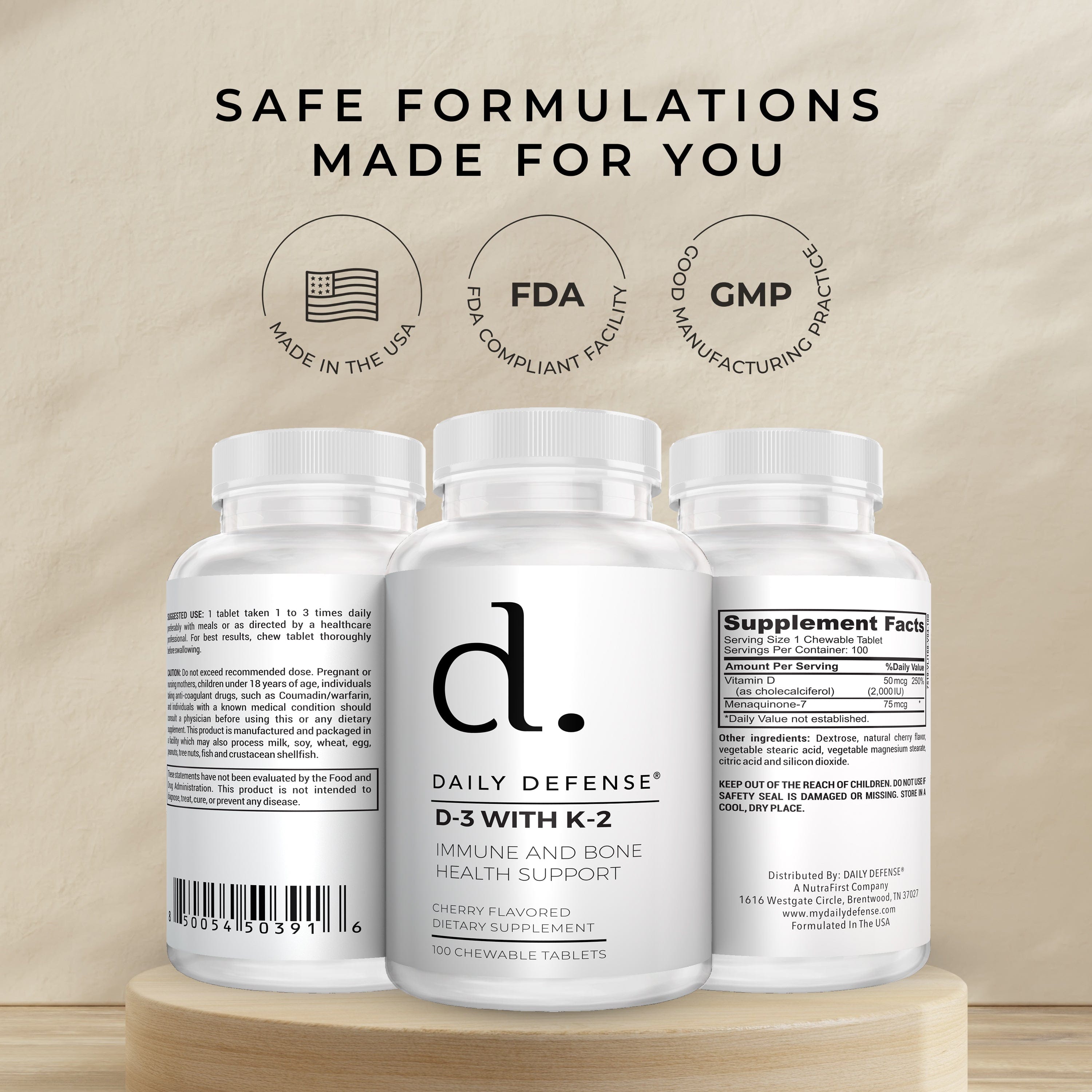 Vitamin D3 With K-2 Immune And Bone Health Support Chewable Tablets Cherry Flavor by Daily Defense