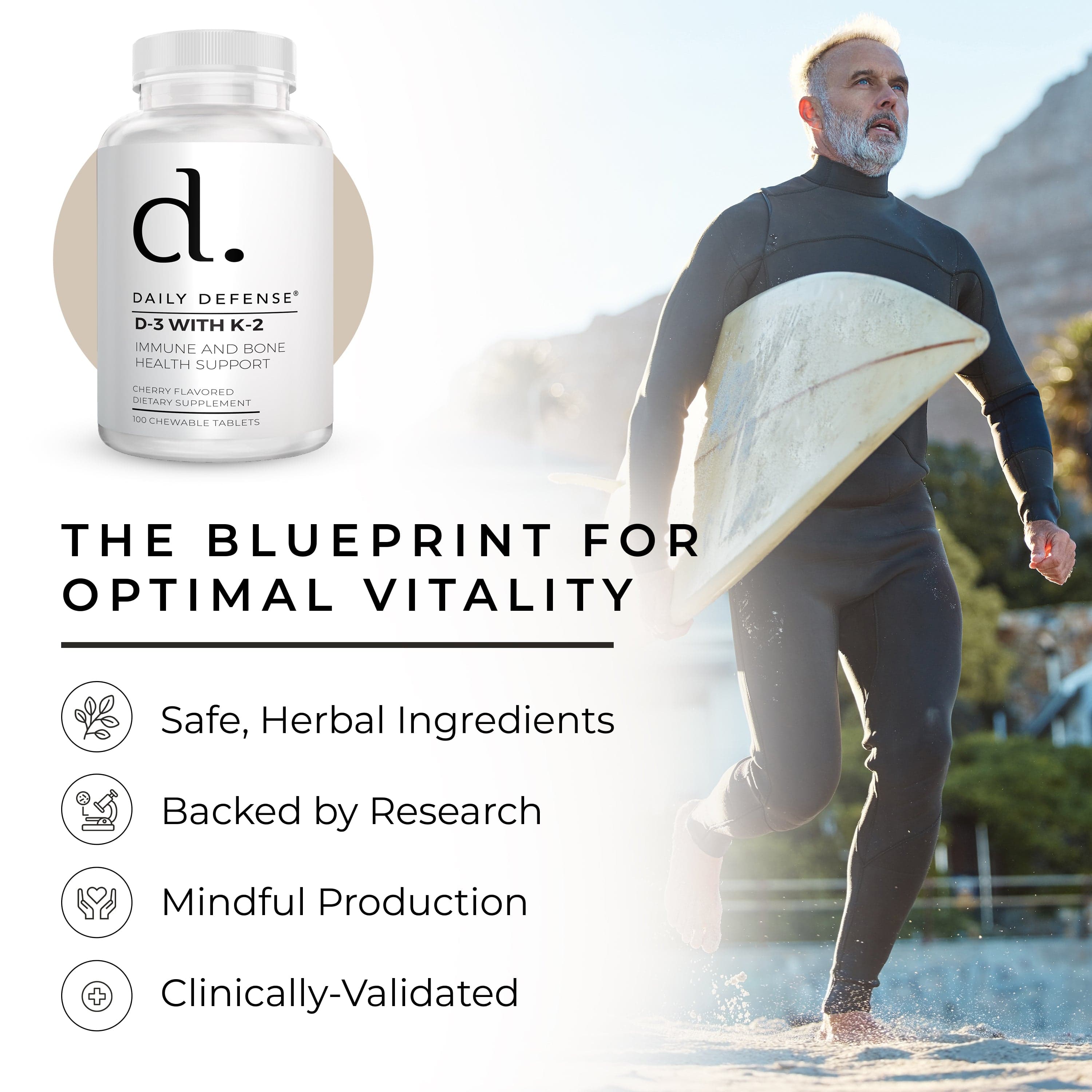 Vitamin D3 With K-2 Immune And Bone Health Support Chewable Tablets Cherry Flavor by Daily Defense