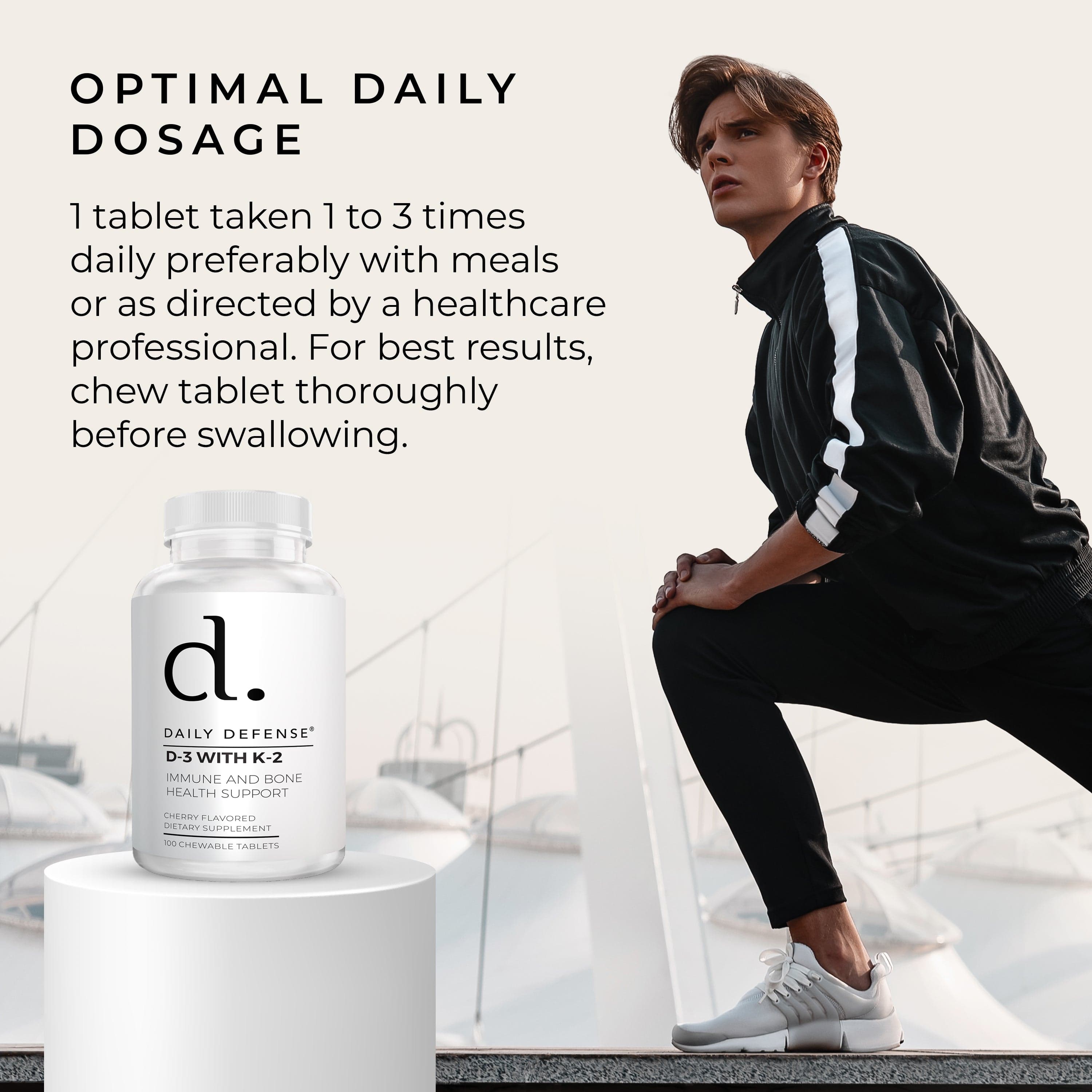 Vitamin D3 With K-2 Immune And Bone Health Support Chewable Tablets Cherry Flavor by Daily Defense