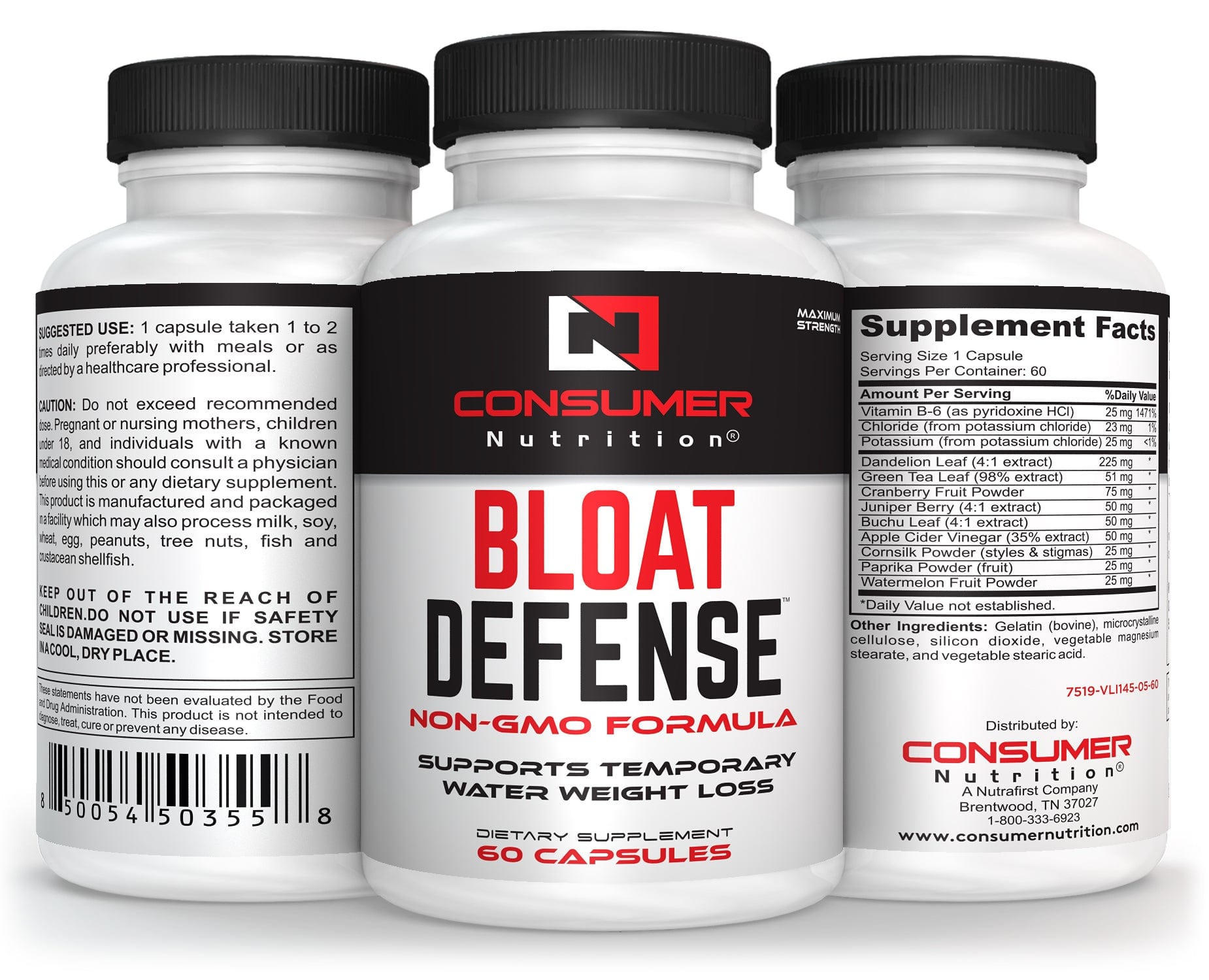 Bloat Defense Diuretic Pills Herbal Water Away & Water Retention Pills Debloat and Expel Excessive Water Weight for Women & Men with Apple Cider Vinegar, & Dandelion Leaf for Bloating & Water Weight by Consumer Nutrition - 60 Capsules