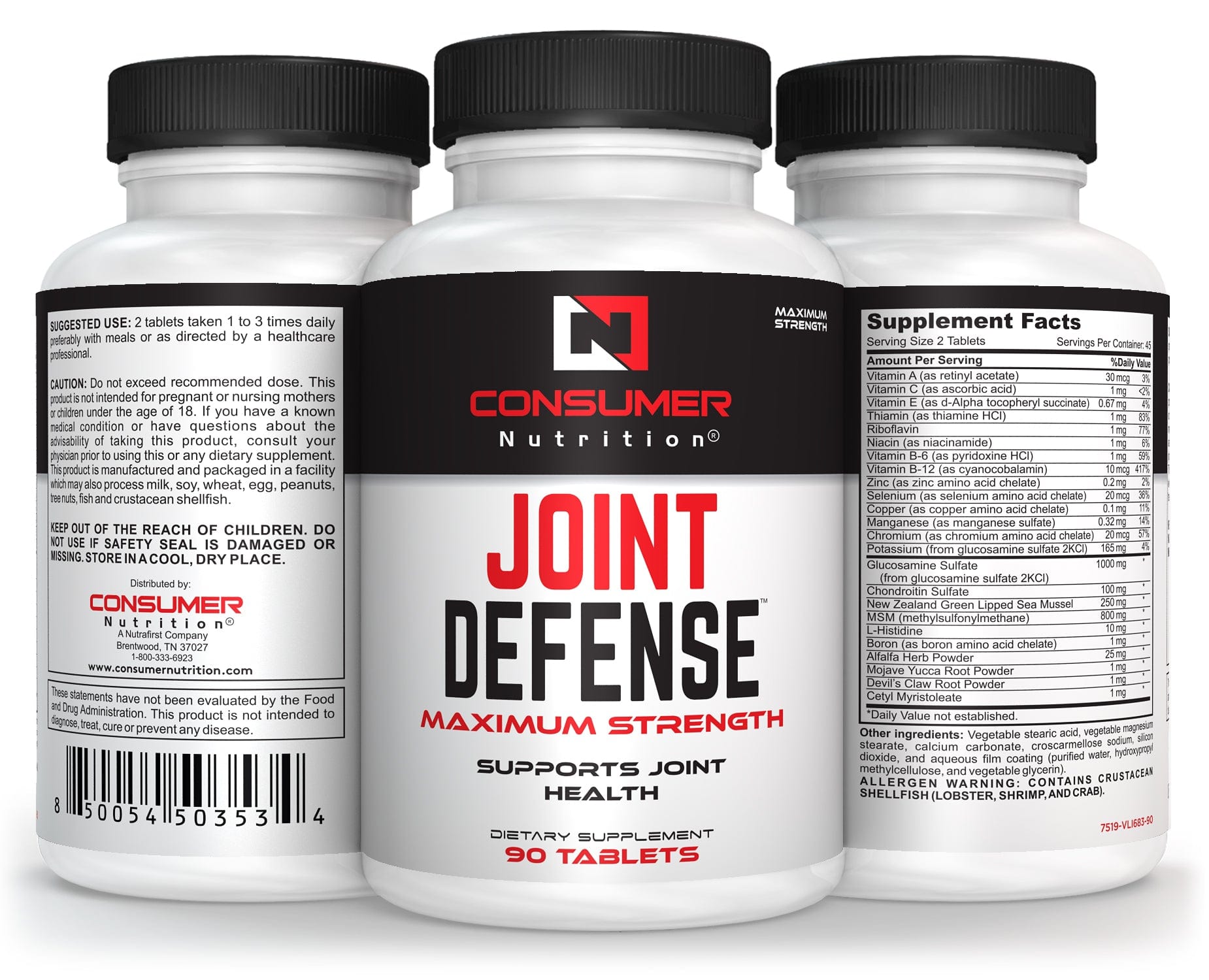 Joint Supplements for Men & Women - Joint Defense Joint Support Supplement with New Zealand Green Lipped Mussels, Glucosamine & Chondroitin Sulfate, Vitamin B6, Vitamin B12 for Mobility & Flexibility by Consumer Nutrition - 90 Tablets