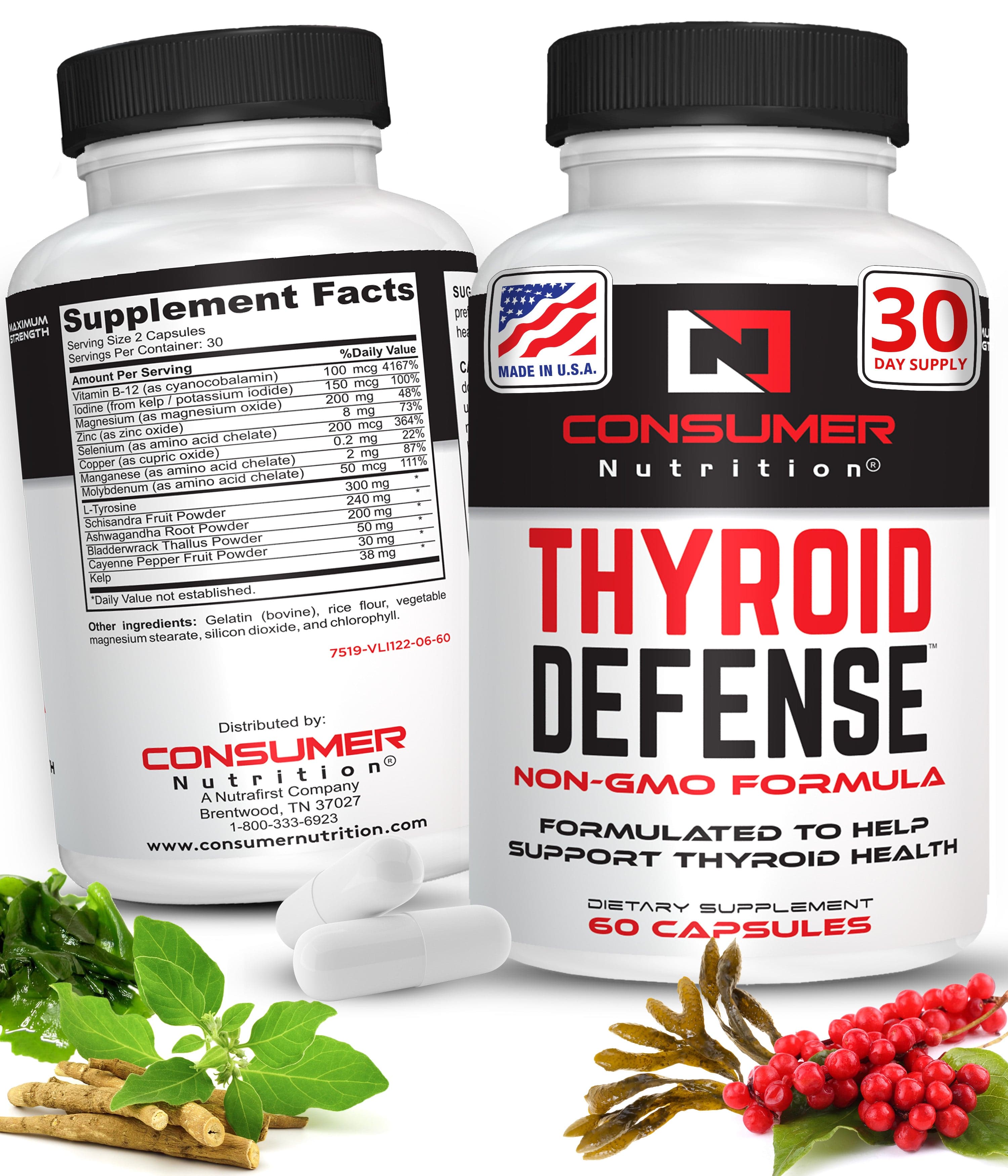 Thyroid Support Supplement with Iodine Energy & Focus Support Formula - Vegetarian & Non-GMO - Vitamin B12 Complex, Zinc, Selenium, Ashwagandha, & Kelp Thyroid Defense by Consumer Nutrition