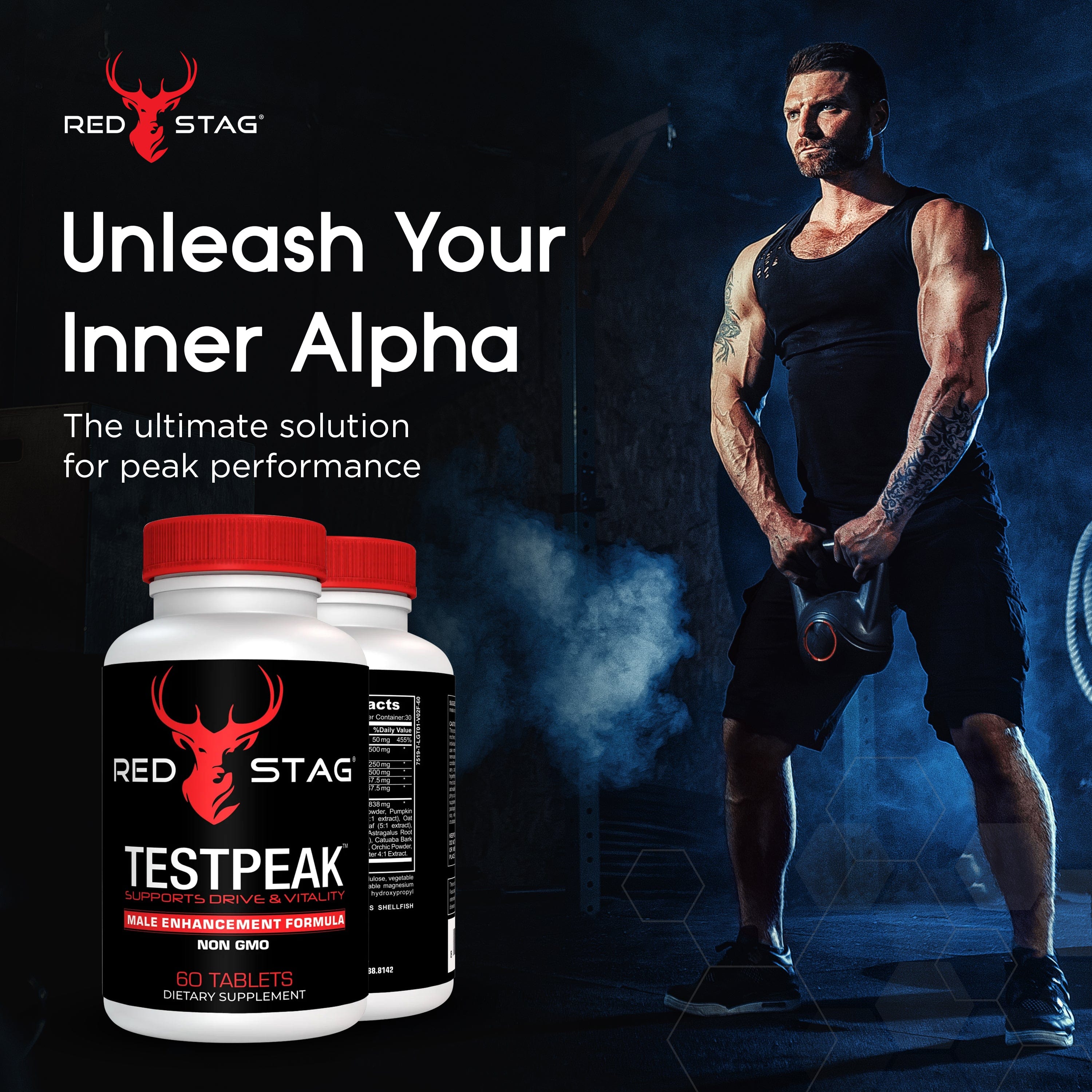 RED STAG® TESTPEAK Male Enhancement Formula Enhances Drive and Libido Male Virility & Male Performance for Men with Tongkat Ali & Maca Root Powder for Low T - Men’s Health Supplement Stamina Supplement for Men