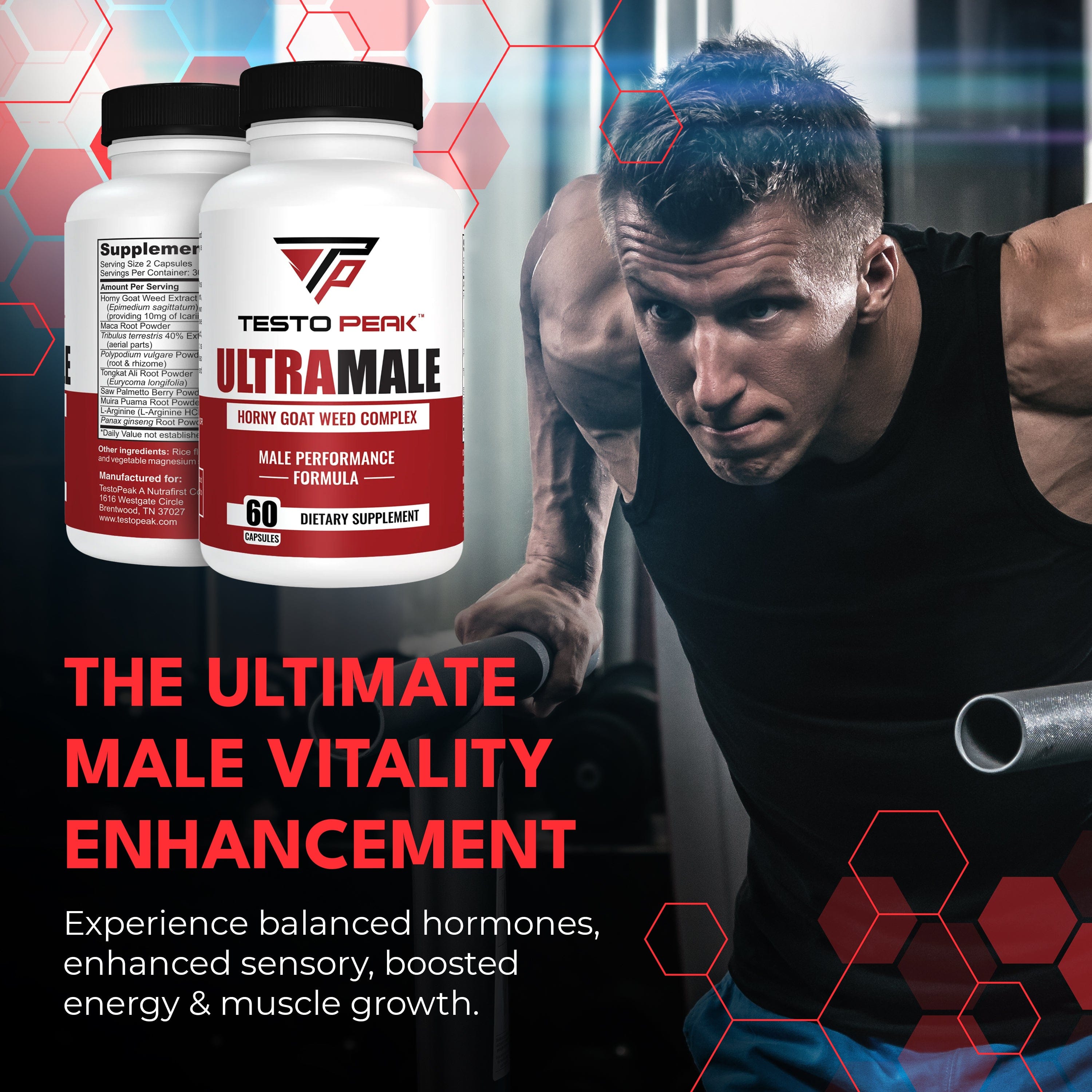 ULTRAMALE Horny Goat Weed Herbal Supplement with Tongkat Ali, Maca, Panax Ginseng & Saw Palmetto for Men for Total Strength Performance - Stamina Supplement for Men by Testo Peak, 60 Capsules
