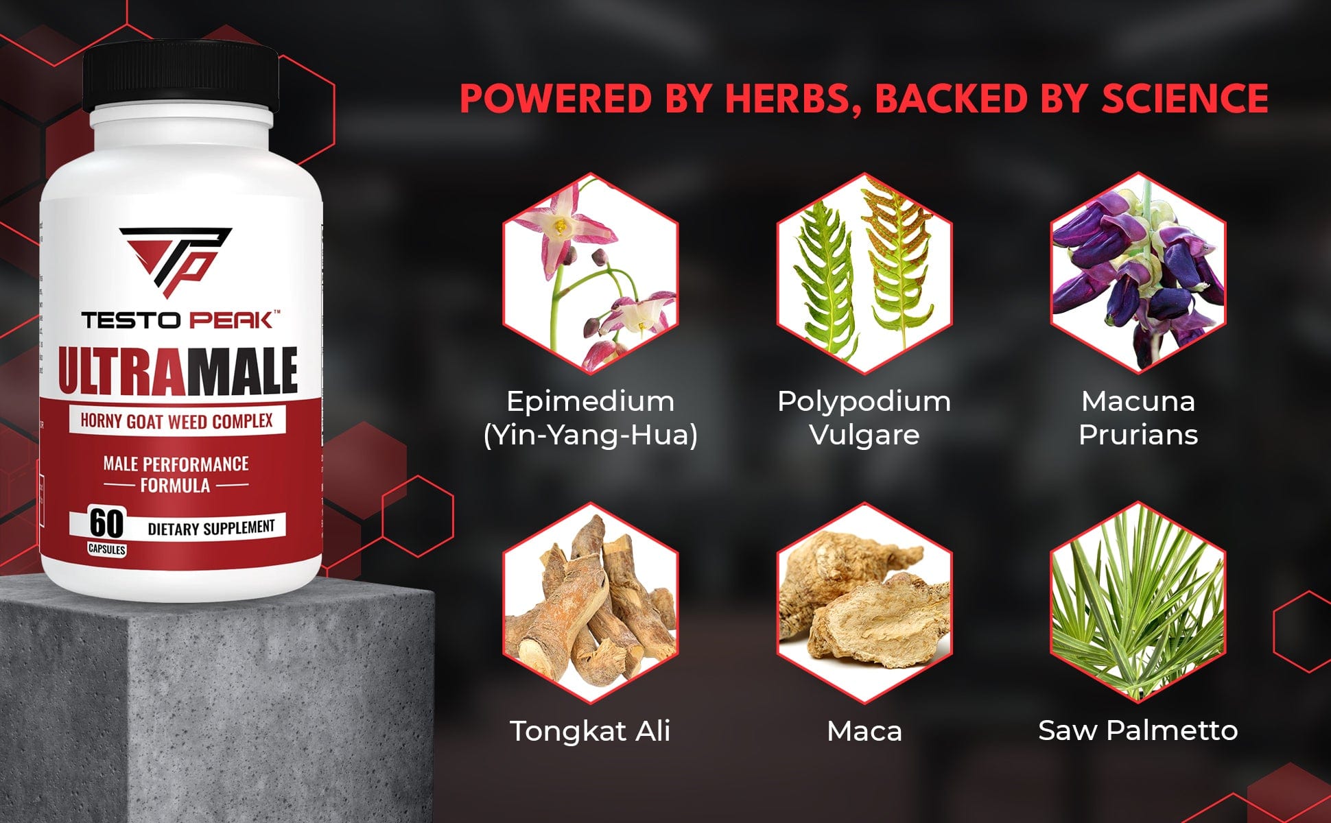 ULTRAMALE Horny Goat Weed Herbal Supplement with Tongkat Ali, Maca, Panax Ginseng & Saw Palmetto for Men for Total Strength Performance - Stamina Supplement for Men by Testo Peak, 60 Capsules