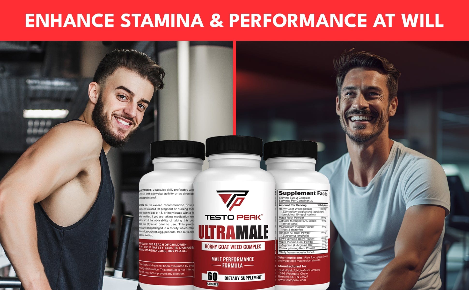 ULTRAMALE Horny Goat Weed Herbal Supplement with Tongkat Ali, Maca, Panax Ginseng & Saw Palmetto for Men for Total Strength Performance - Stamina Supplement for Men by Testo Peak, 60 Capsules