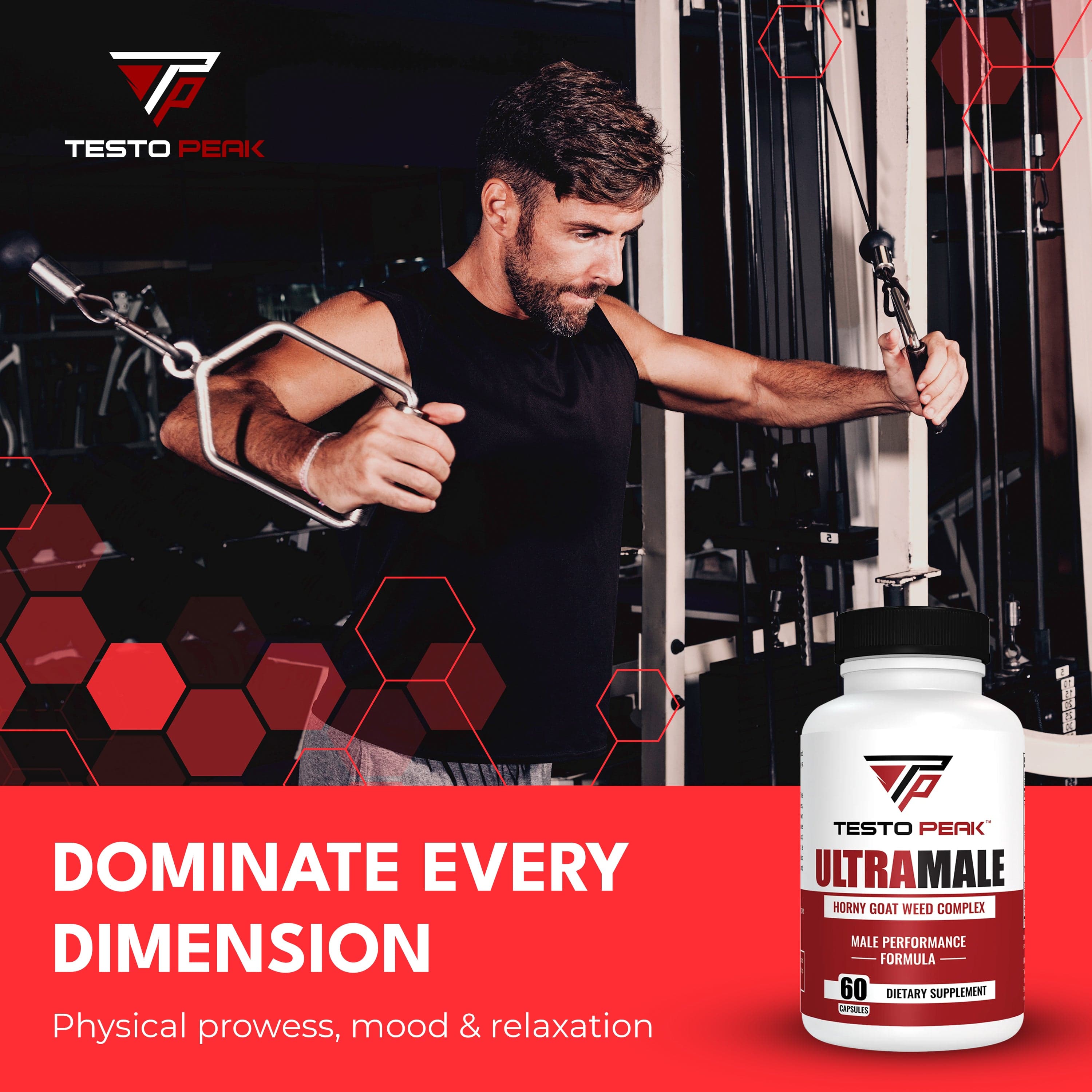 ULTRAMALE Horny Goat Weed Herbal Supplement with Tongkat Ali, Maca, Panax Ginseng & Saw Palmetto for Men for Total Strength Performance - Stamina Supplement for Men by Testo Peak, 60 Capsules