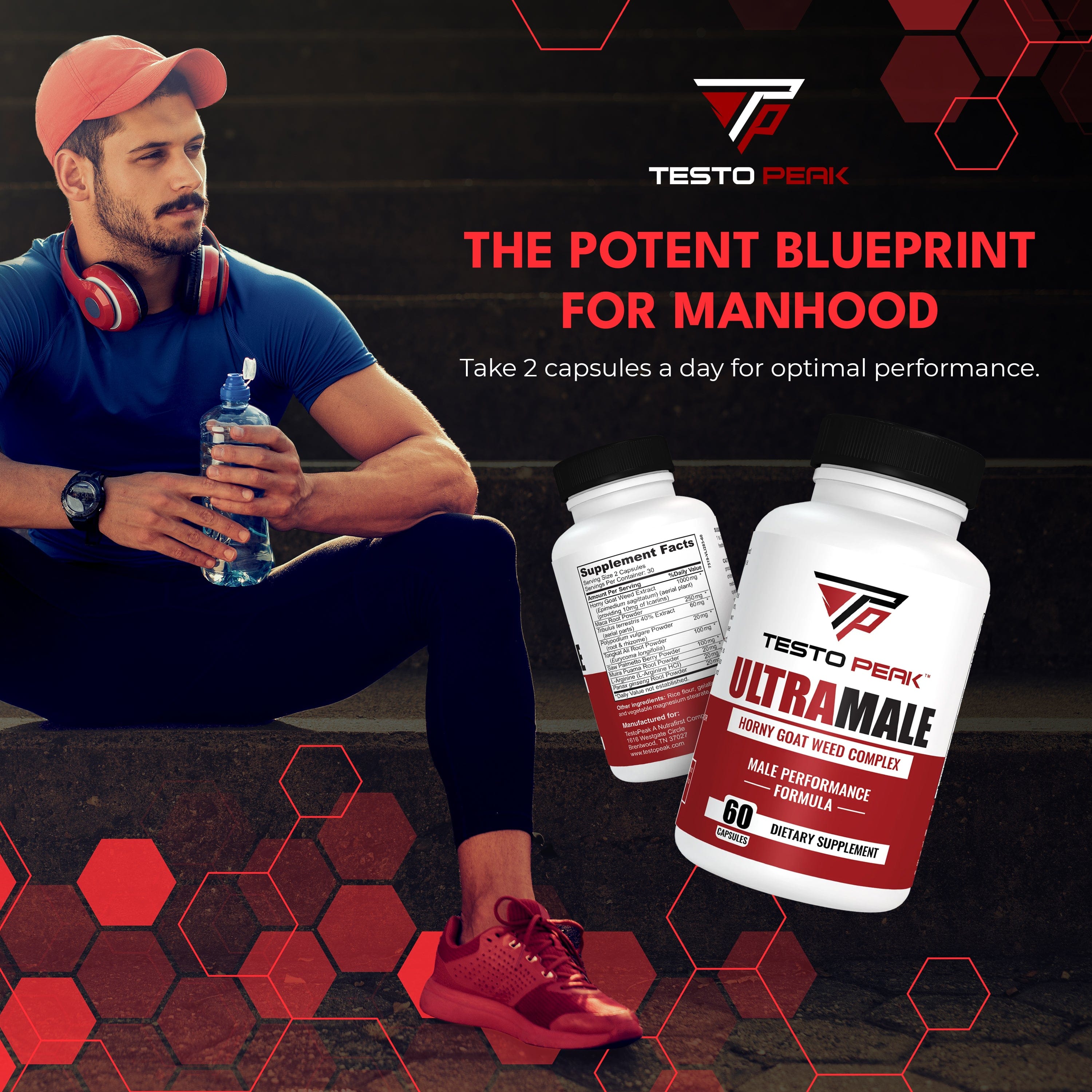 ULTRAMALE Horny Goat Weed Herbal Supplement with Tongkat Ali, Maca, Panax Ginseng & Saw Palmetto for Men for Total Strength Performance - Stamina Supplement for Men by Testo Peak, 60 Capsules