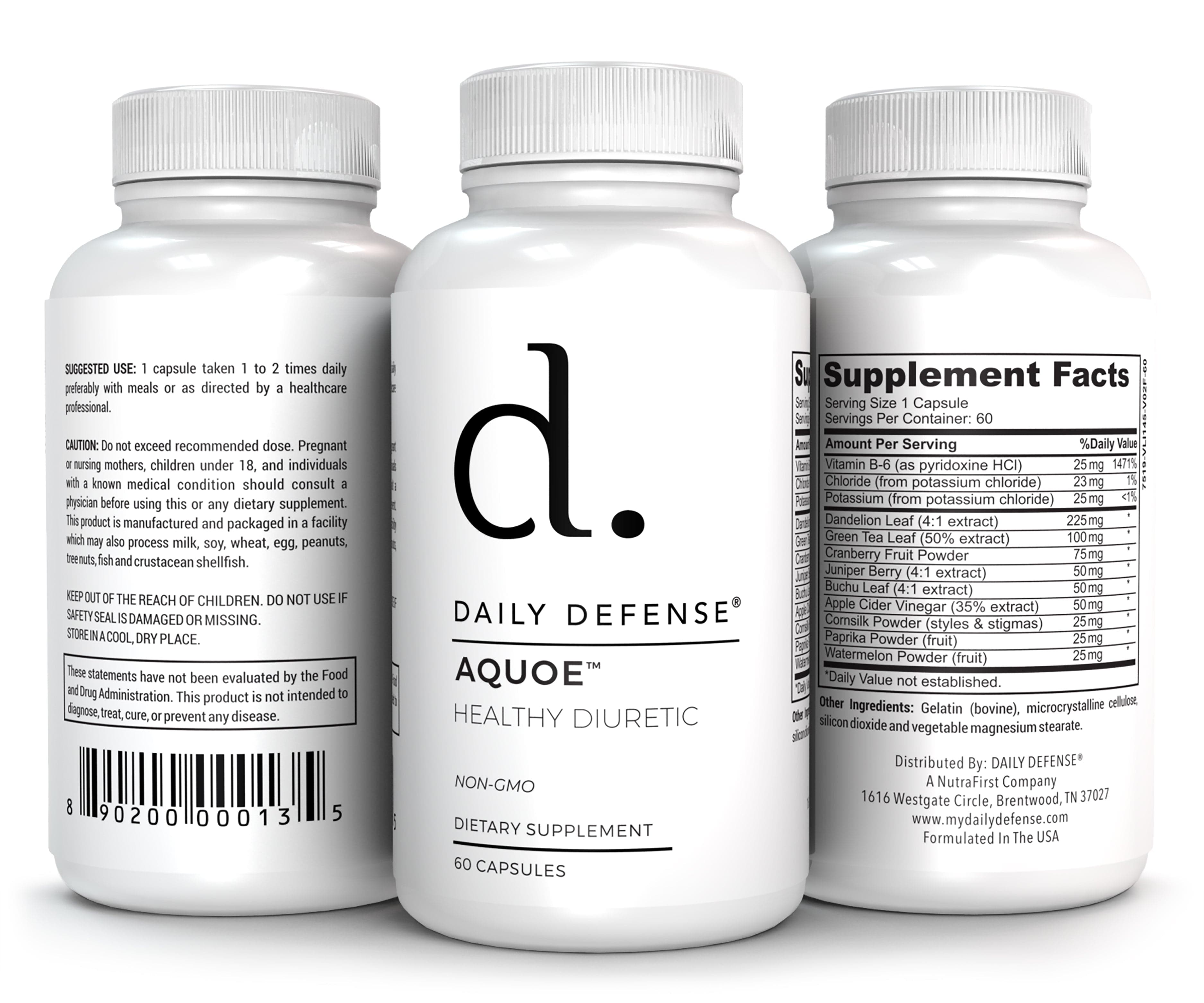 AQUOE Diuretic Pills with Cranberry, Green Tea, Dandelion, Apple Cider Vinegar & More - AQUOE Water Retention Pills for Bloating & Fitness - Water Pills by Daily Defense, 60 Capsules