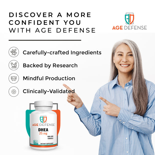 Age Defense DHEA 25mg Capsules - DHEA Supplements, 50 Capsules - Natural Energy Support & Immune Support - Supports Vitality, Skin Elasticity, & Overall Wellness - DHEA Supplement for Women & Men