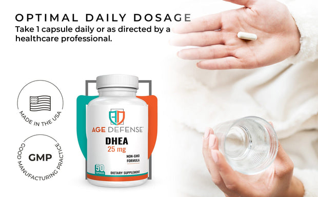 Age Defense DHEA 25mg Capsules - DHEA Supplements, 50 Capsules - Natural Energy Support & Immune Support - Supports Vitality, Skin Elasticity, & Overall Wellness - DHEA Supplement for Women & Men