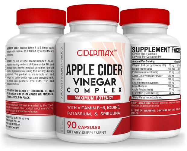Cidermax Apple Cider Vinegar Complex Capsules, 90 Count with Kelp, Spirulina, Ioidine, B6. Minerals and more