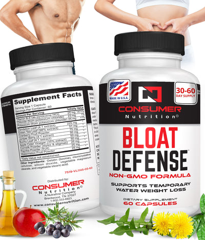 Bloat Defense Diuretic Pills Herbal Water Away & Water Retention Pills Debloat and Expel Excessive Water Weight for Women & Men with Apple Cider Vinegar, & Dandelion Leaf for Bloating & Water Weight by Consumer Nutrition - 60 Capsules