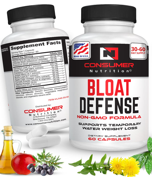 Bloat Defense Diuretic Pills Herbal Water Away & Water Retention Pills Debloat and Expel Excessive Water Weight for Women & Men with Apple Cider Vinegar, & Dandelion Leaf for Bloating & Water Weight by Consumer Nutrition - 60 Capsules