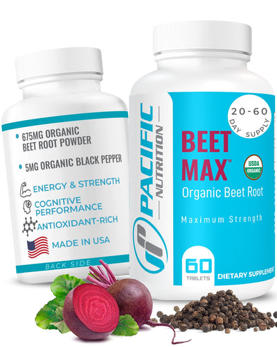 Beet Root Powder Supplement, 60 Tablets - 675mg Organic Beet Powder for Stamina & Energy Support, Brain Health Boost & Normal Blood Pressure Support - Made in the USA - Beet Max, Pacific Nutrition