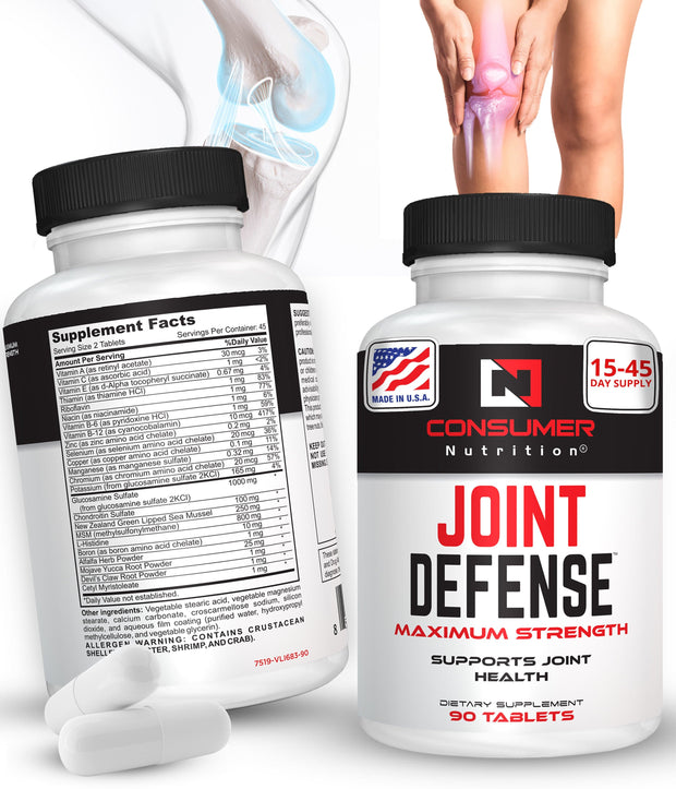 Joint Supplements for Men & Women - Joint Defense Joint Support Supplement with New Zealand Green Lipped Mussels,  Glucosamine & Chondroitin Sulfate, Vitamin B6, Vitamin B12 for Mobility & Flexibility by Consumer Nutrition - 90 Tablets