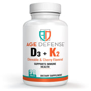 Age Defense Vitamin D3 2000 IU with K2 - 90 Chewable Tablets with Cherry Flavoring - Natural Energy Booster - Supports Vitality, Immune Health, & Overall Wellness - Vitamin D3 with Vitamin K2 For Men & Women