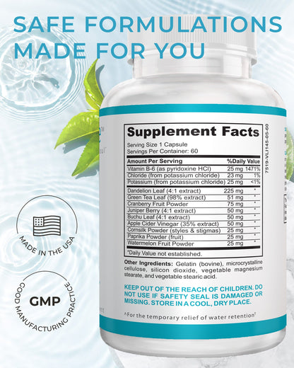 Water Flush Water Away Diuretic Pill with Dandelion Leaf, Green Tea, Cranberry, Potassium, and Apple Cider Vinegar – Supports Water Balance and Bloating Relief – 60 Capsules