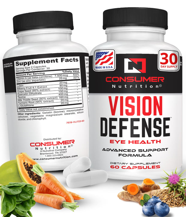 Vision Defense Eye Health Supplement for Adults Supports & Protects Eye Health with Vitamin A, Lutein, Taurine, Turmeric Root, Grape Seed Extract & Milk Thistle Seed