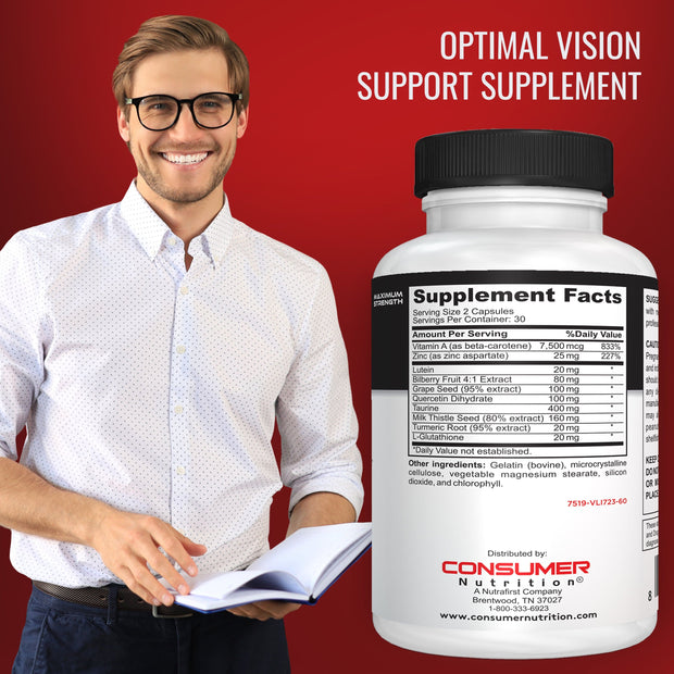 Vision Defense Eye Health Supplement for Adults Supports & Protects Eye Health with Vitamin A, Lutein, Taurine, Turmeric Root, Grape Seed Extract & Milk Thistle Seed