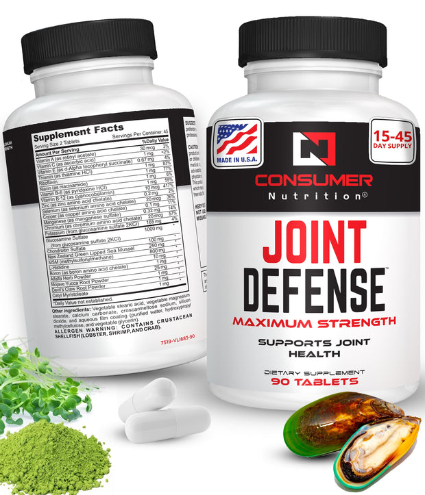 Joint Supplements for Men & Women - Joint Defense Joint Support Supplement with New Zealand Green Lipped Mussels,  Glucosamine & Chondroitin Sulfate, Vitamin B6, Vitamin B12 for Mobility & Flexibility by Consumer Nutrition - 90 Tablets