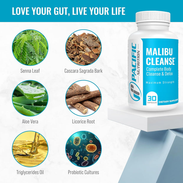 Malibu Cleanse Complete Body & Intestinal Cleanse with Senna Leaf, Cascara Sagrada Bark & Aloe Vera - Natural Detox for Men’s & Women’s Health by Pacific Nutrition, 30 Capsules