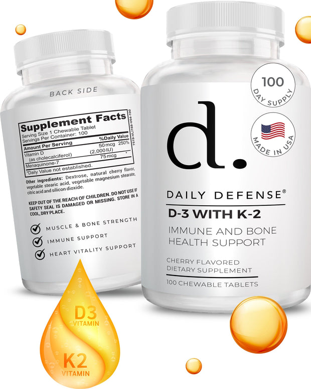 Vitamin D3 With K-2 Immune And Bone Health Support  Chewable Tablets Cherry Flavor by Daily Defense