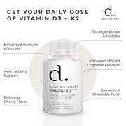 Vitamin D3 With K-2 Immune And Bone Health Support  Chewable Tablets Cherry Flavor by Daily Defense