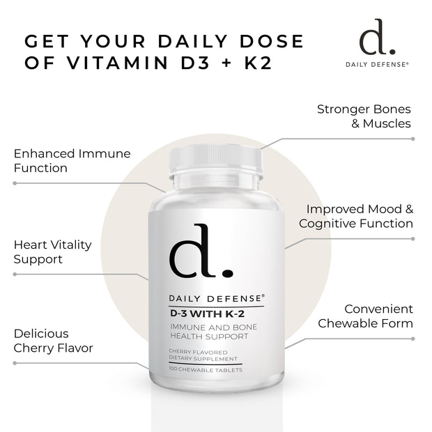 Vitamin D3 With K-2 Immune And Bone Health Support  Chewable Tablets Cherry Flavor by Daily Defense