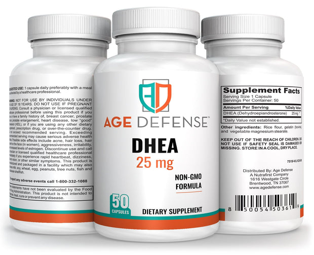 Age Defense DHEA 25mg Capsules - DHEA Supplements, 50 Capsules - Natural Energy Support & Immune Support - Supports Vitality, Skin Elasticity, & Overall Wellness - DHEA Supplement for Women & Men