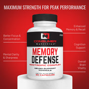 Memory Defense Nootropics Brain and Memory Support Supplement for Better Focus & Mental Clarity -with  Ginkgo Biloba, Bacopa Monnieri, Huperzine-A and More - Consumer Nutrition