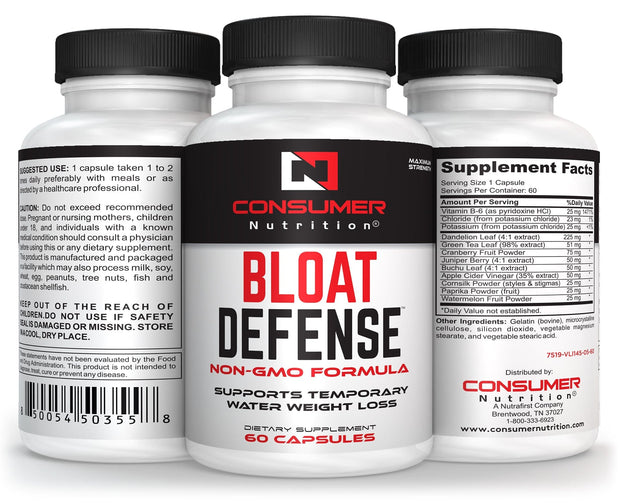 Bloat Defense Diuretic Pills Herbal Water Away & Water Retention Pills Debloat and Expel Excessive Water Weight for Women & Men with Apple Cider Vinegar, & Dandelion Leaf for Bloating & Water Weight by Consumer Nutrition - 60 Capsules