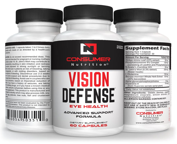 Eye Health Supplements for Adults - Supports & Protects Eye Health with Vitamin A, Lutein, Taurine, Turmeric Root, Grape Seed Extract & Milk Thistle Seed - Vision Defense by Consumer Nutrition - 60 Ct