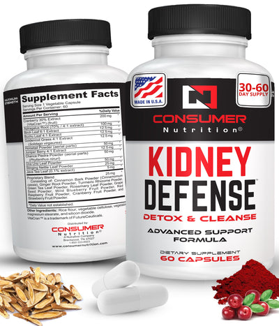 Kidney Support Supplement - Kidney Defense Kidney Detox & Cleanse - With Cranberry Extract, Astragalus Root, & More for Urinary Tract, Kidney and Bladder Support by Consumer Nutrition - 60 Capsules