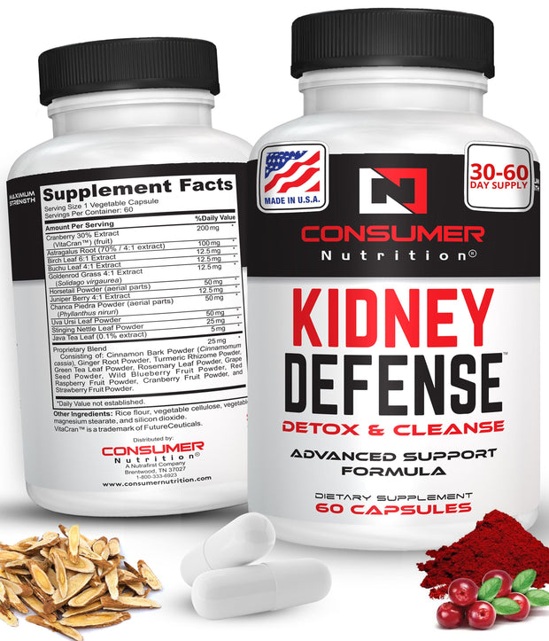 Kidney Support Supplement - Kidney Defense Kidney Detox & Cleanse - With Cranberry Extract, Astragalus Root, & More for Urinary Tract, Kidney and Bladder Support by Consumer Nutrition - 60 Capsules